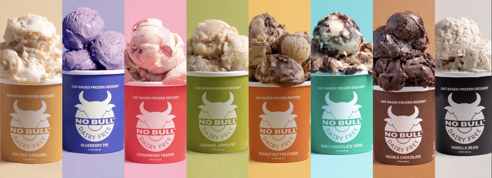 NO BULL dairy-free oat-based frozen dessert pints in eight flavors